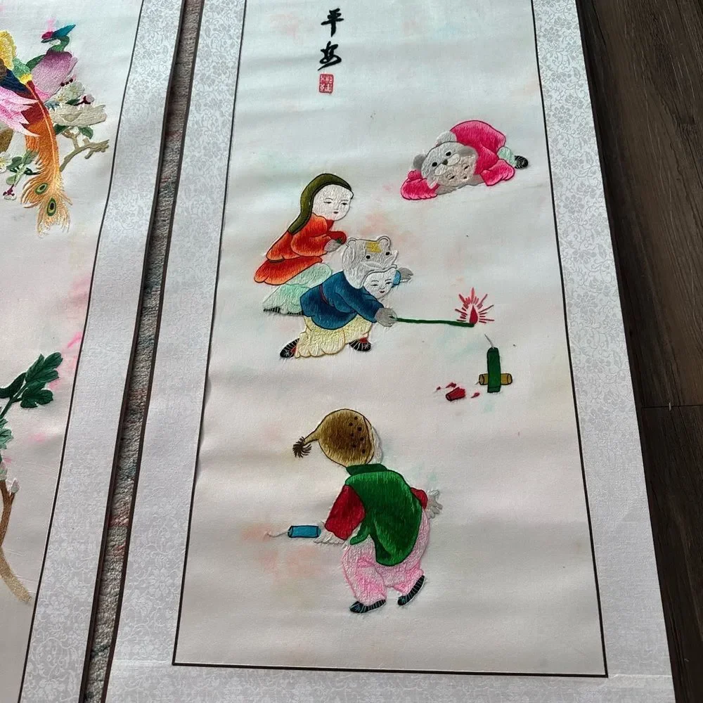 Vintage Chinese Silk Kesi Needlepoint Embroidered Tapestry Scroll 5 Panels Piece